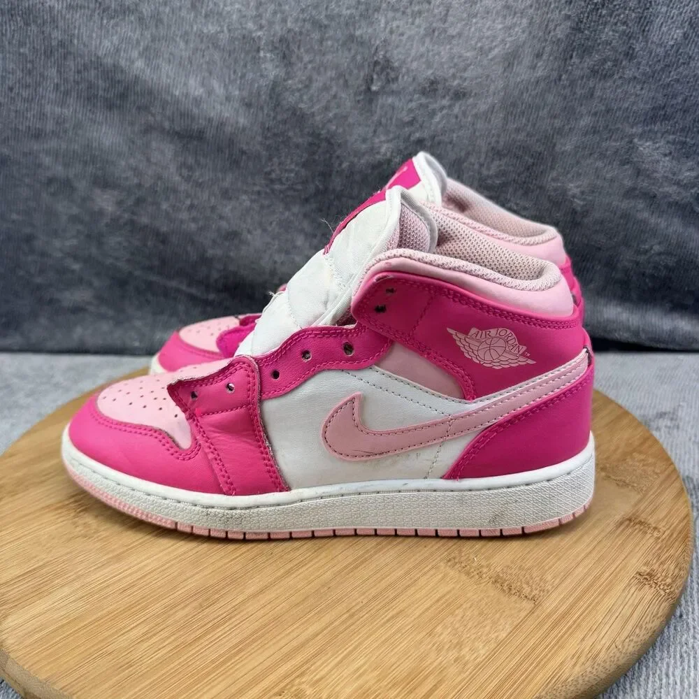 Nike Air Jordan 1 Mid Shoes Girls Size 4Y Pink White Leather Sneakers FD8780-116